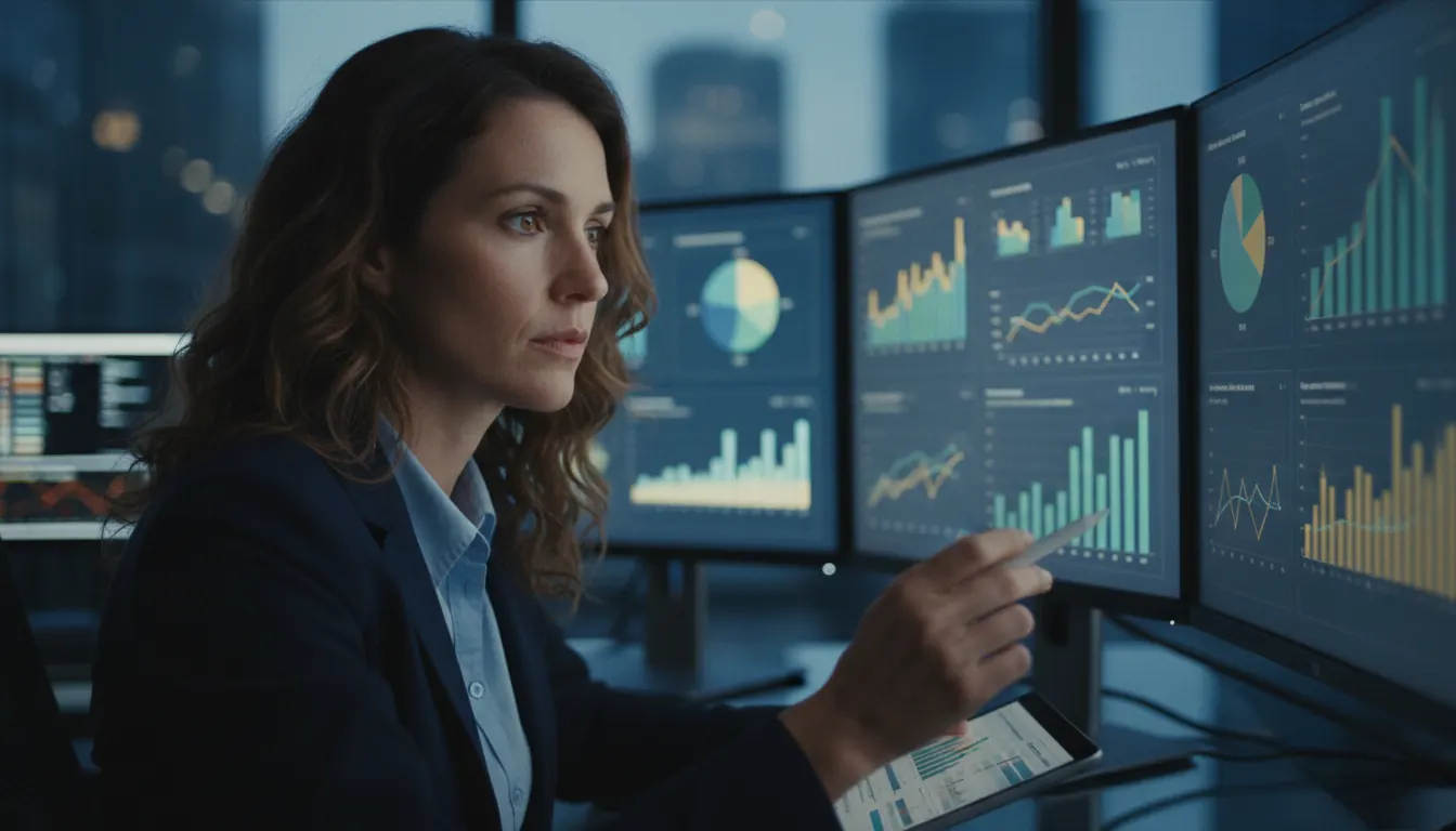 Business analyst reviewing casino industry financial performance charts