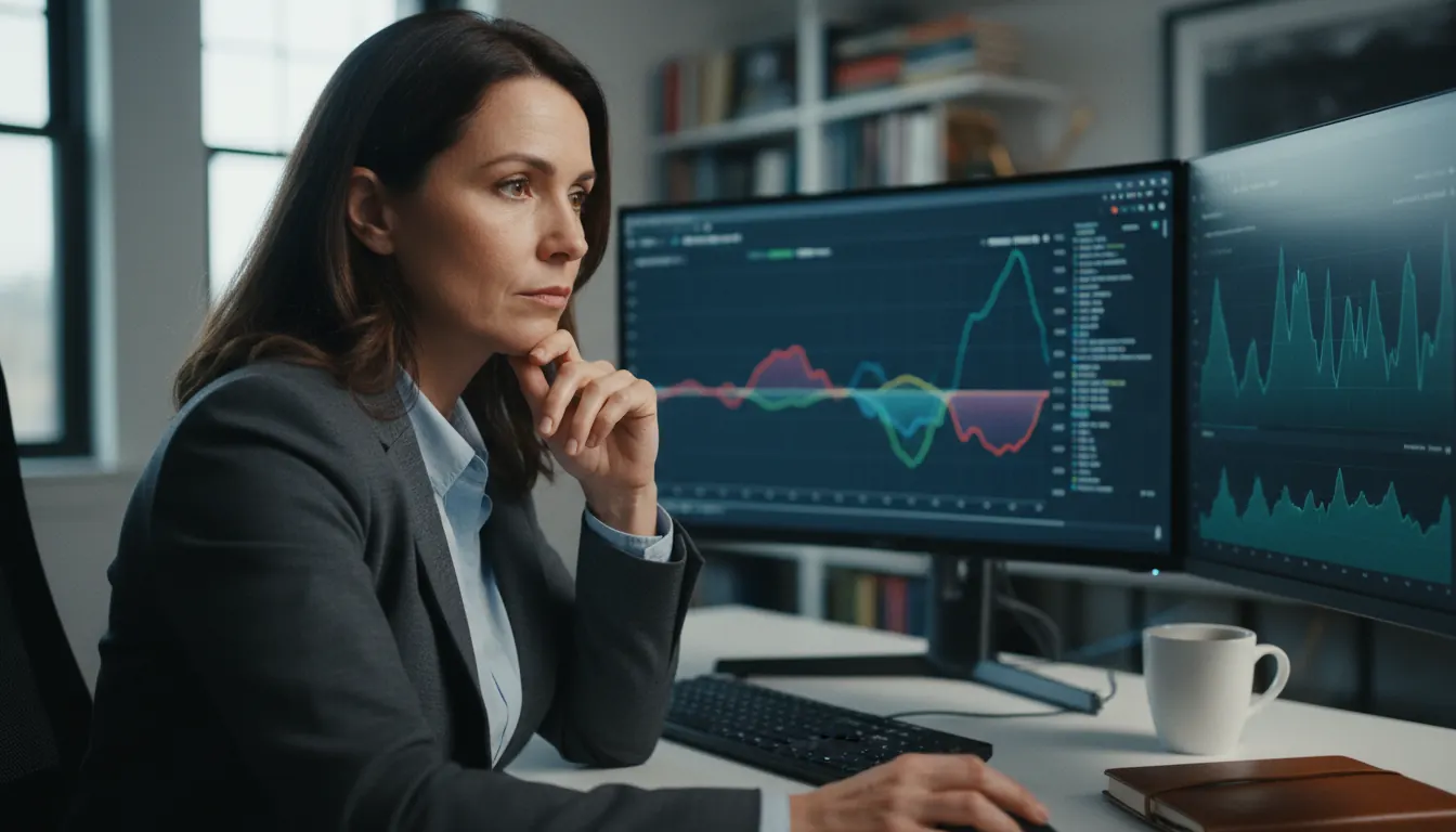 Professional investor reading financial news on multiple computer screens