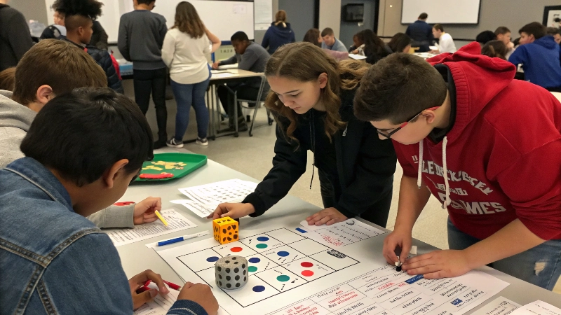 Agricultural students learning probability concepts through hands-on activities with dice and charts