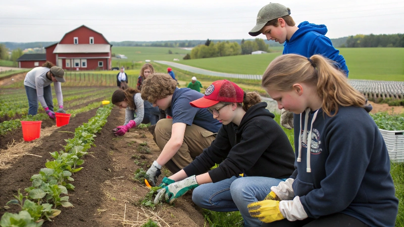 Agricultural students participating in hands-on farm work and field studies